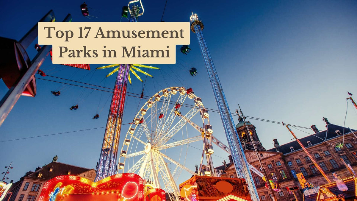 Cover reading "Top 17 Amusement Parks in Miami" over a dusk fairground with a lit Ferris wheel, swing ride and tall drop tower.
