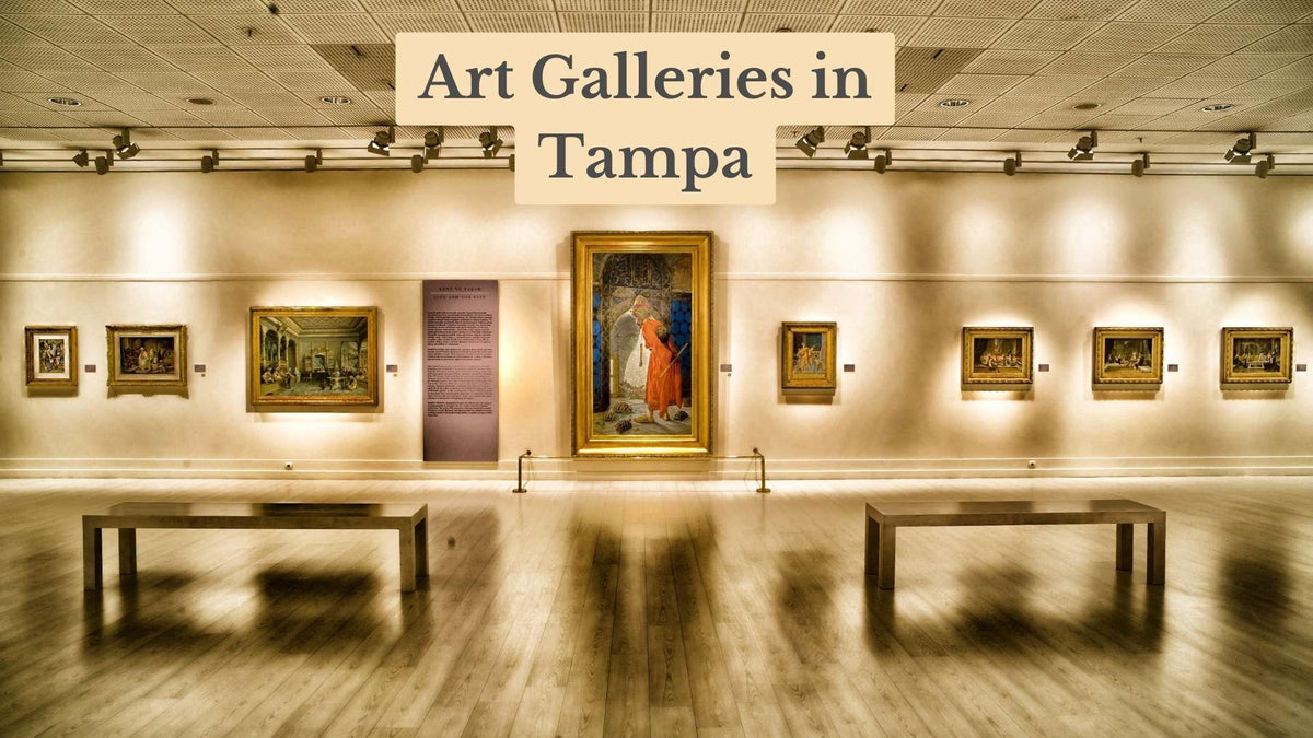 Title card "Art Galleries in Tampa" over a gallery hall with framed paintings on warmly lit walls and two benches on a wood floor
