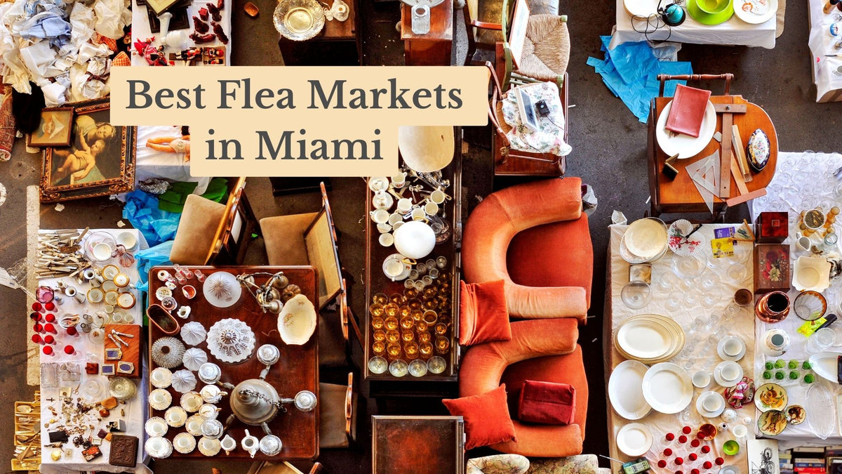 Best Flea Markets in Miami: overhead view of tables with vintage dishes, glassware, lamps and orange armchairs for sale