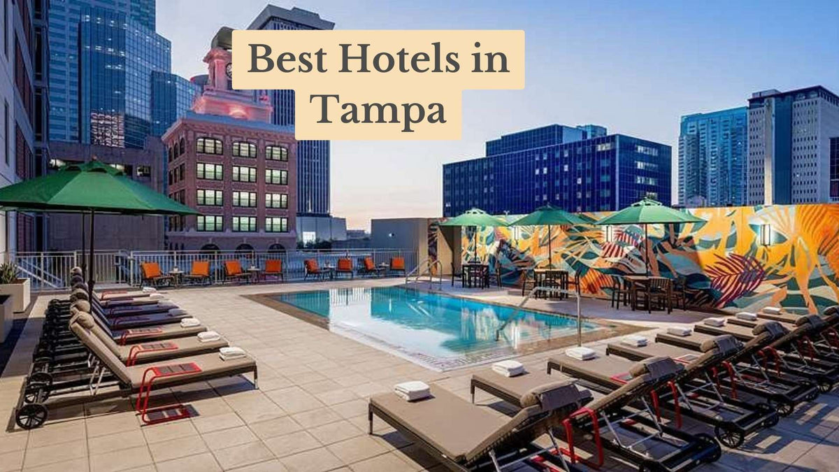 Best Hotels in Tampa: rooftop hotel pool with lounge chairs, green umbrellas and a colorful mural, surrounded by downtown towers