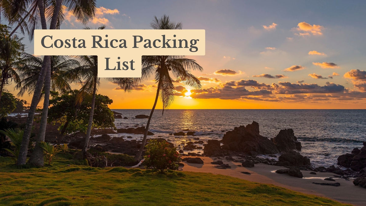 Sunset over the ocean with palm trees and rocky shore, titled "Costa Rica Packing List"