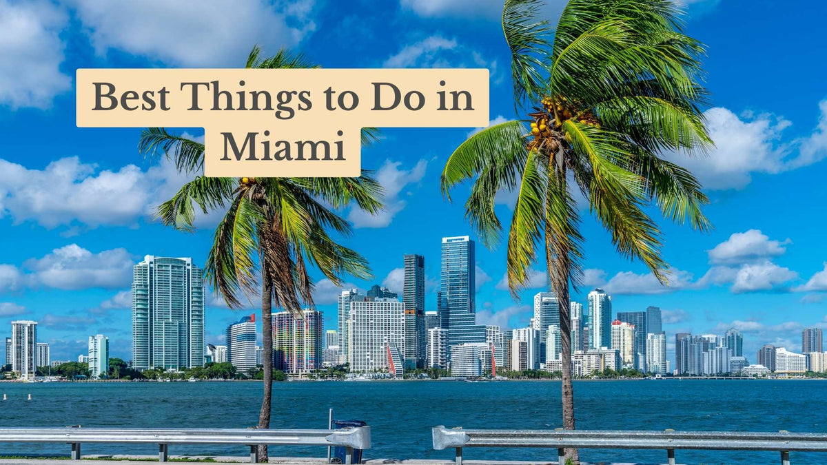 Title card "Best Things to Do in Miami" over palm trees and the Miami skyline across blue bay water