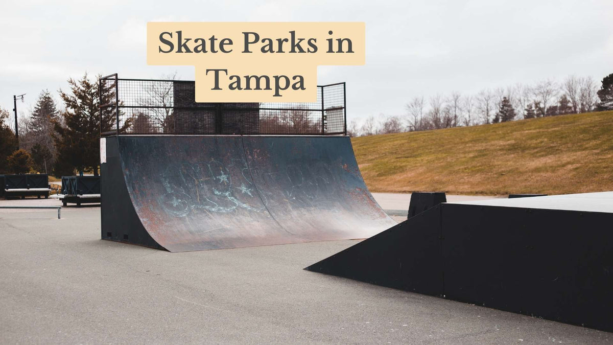 Cover image titled "Skate Parks in Tampa" over a worn black skate quarter pipe with graffiti on an overcast day.