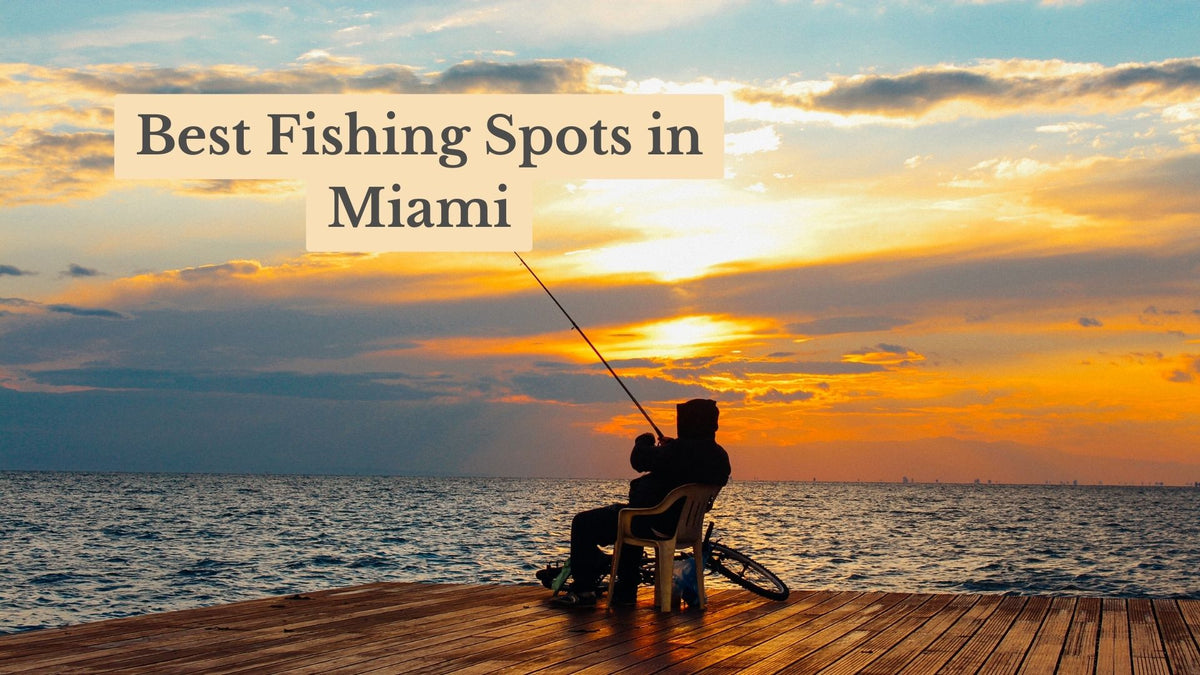 Title card "Best Fishing Spots in Miami" over a silhouetted angler fishing from a wooden pier at sunset