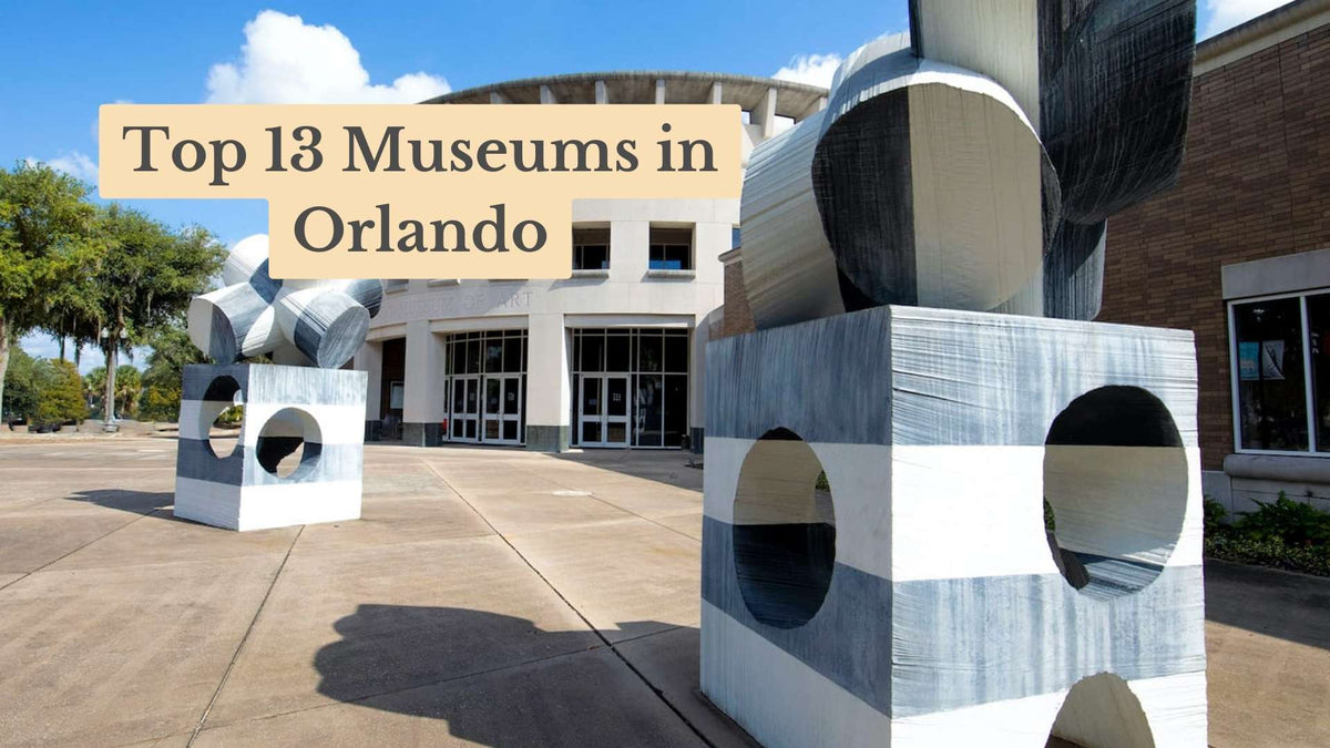 Top 13 Museums in Orlando: large black-and-white geometric sculptures outside a curved museum building on a sunny day