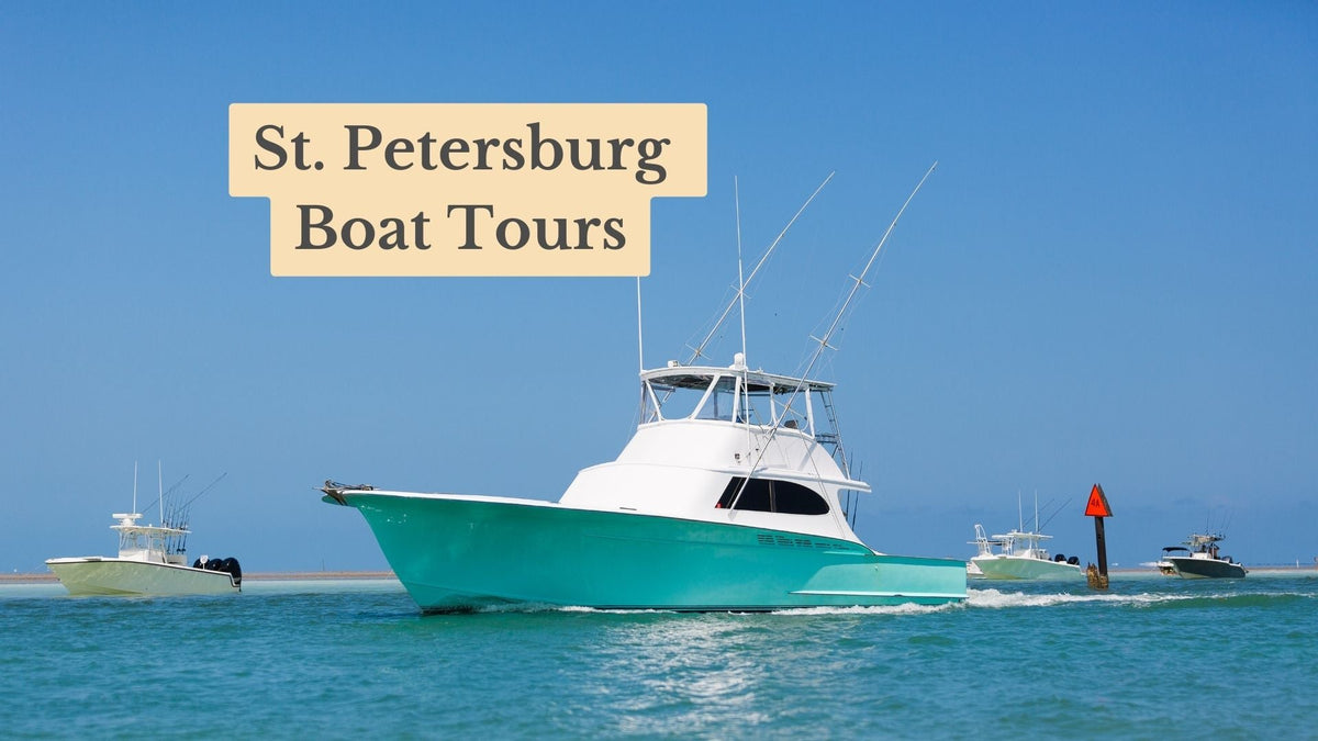 Title card "St. Petersburg Boat Tours" over a teal sport-fishing boat cruising turquoise water with other boats nearby