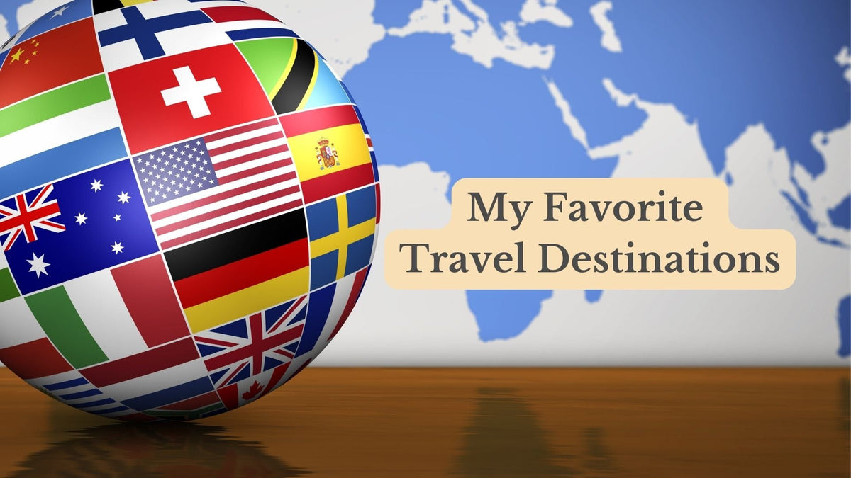 Title card "My Favorite Travel Destinations" beside a globe covered in national flags, in front of a blue world map