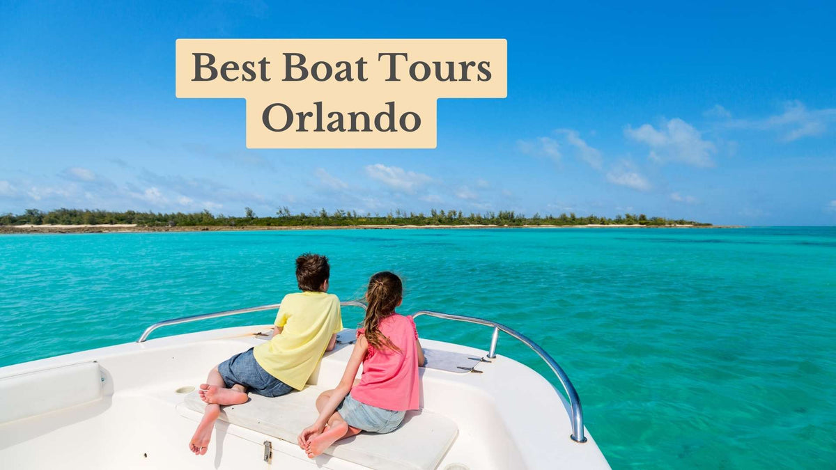 Two barefoot children lie on a boat's bow looking at a green shoreline over turquoise water, with the title text "Best Boat Tours Orlando"