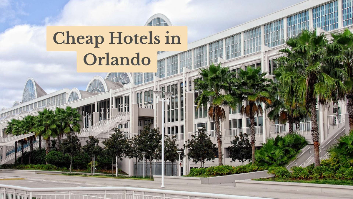 Large white glass-fronted building with arched windows behind palm trees, with the overlaid title "Cheap Hotels in Orlando".