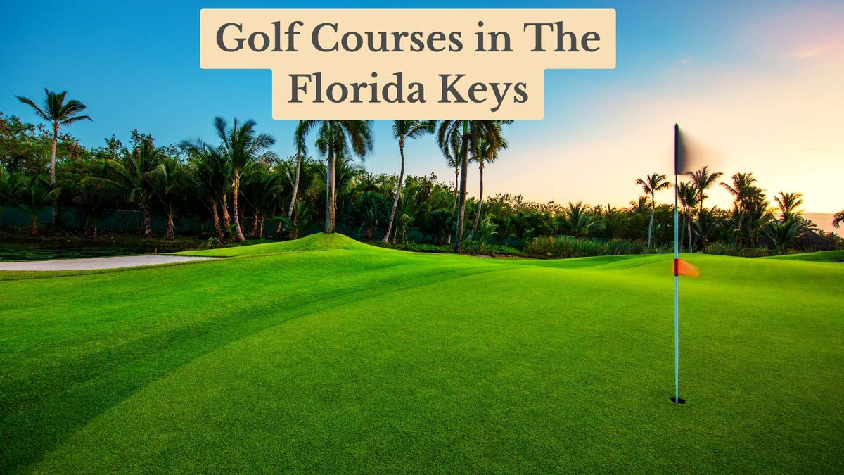 Golf green with an orange flag at sunset, ringed by palm trees, under the title "Golf Courses in The Florida Keys"