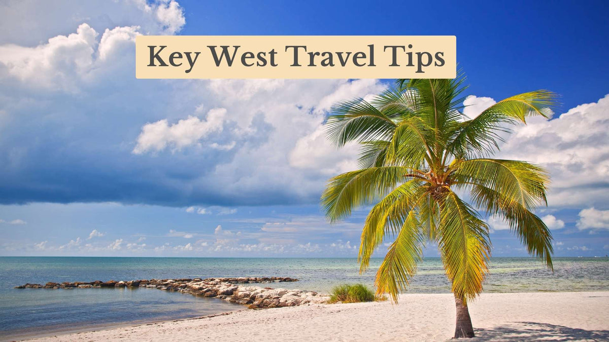 Cover image reading "Key West Travel Tips" over a lone palm tree on a white sand beach beside calm turquoise water and a rocky jetty.