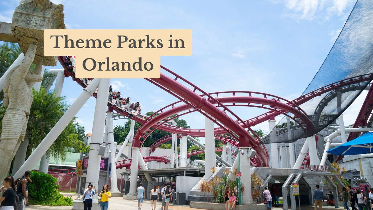 Cover reading "Theme Parks in Orlando" over a red roller coaster with riders, Egyptian-style statues and park visitors below