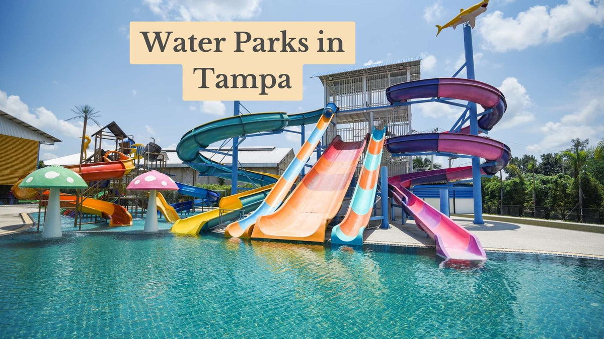 Cover titled "Water Parks in Tampa" over colorful water slides and mushroom-shaped fountains beside a turquoise pool