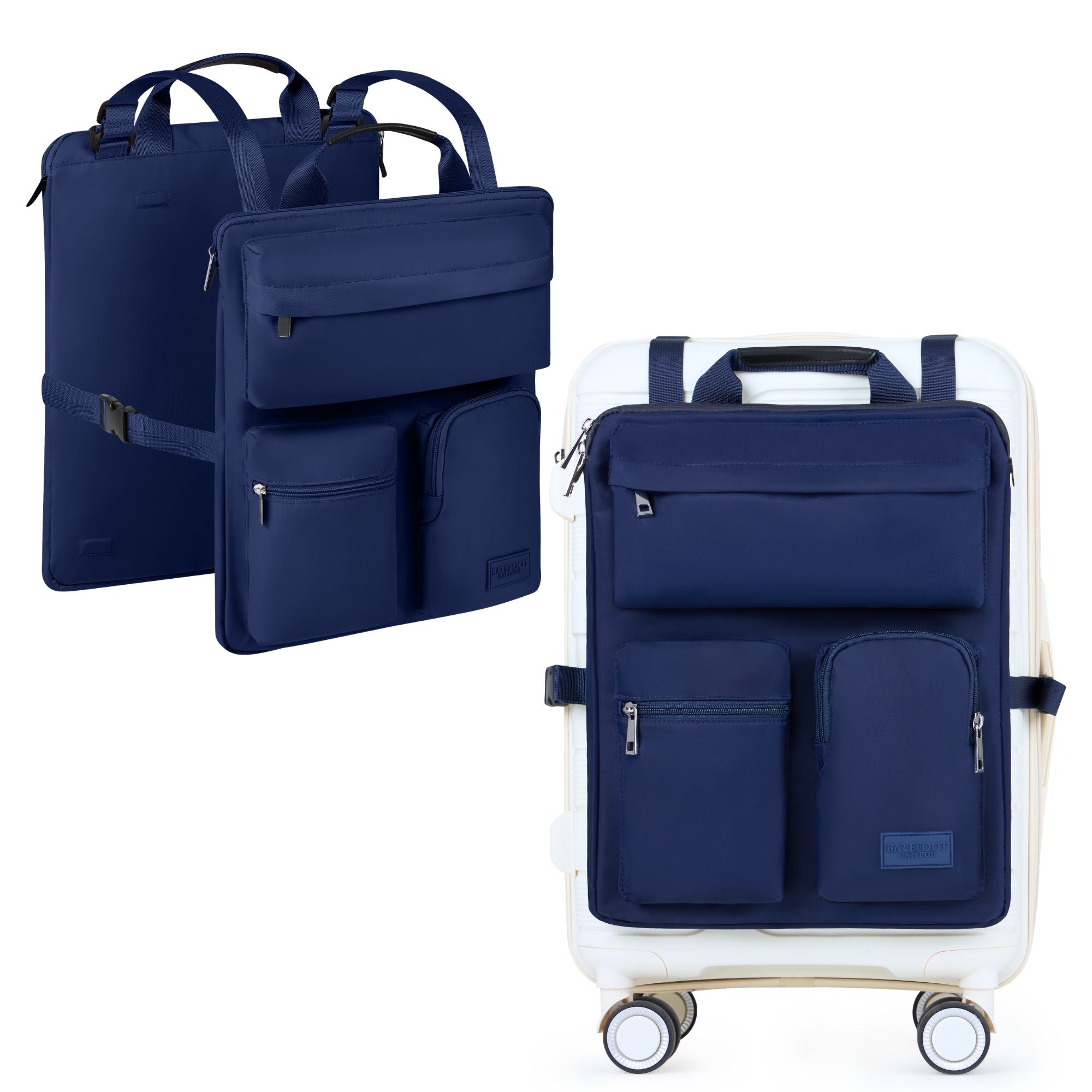 Navy blue travel over luggage organizer with multiple compartments on a white background